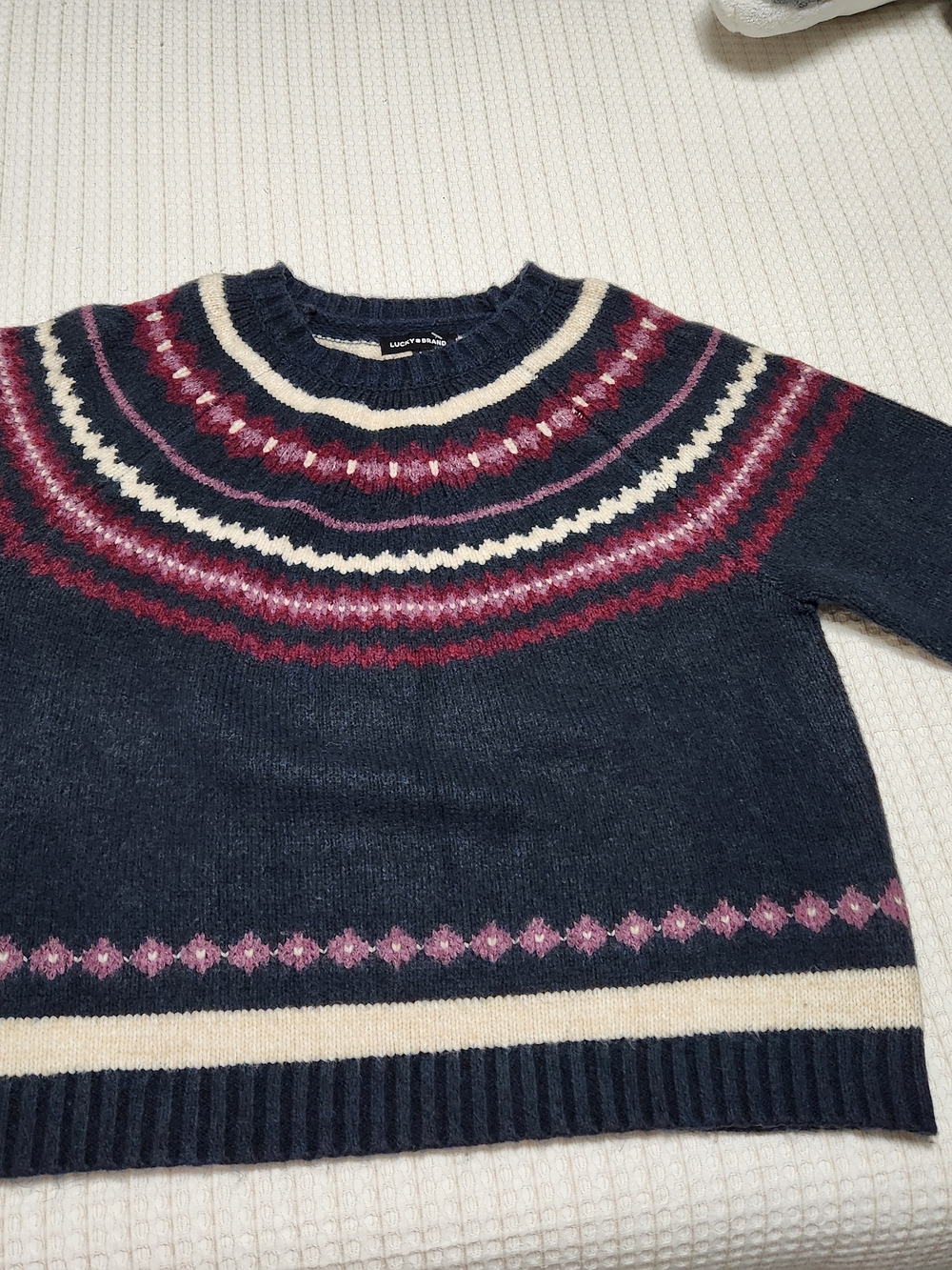Lucky Brand Dark Navy Fair Isle Sweater with Burgundy and Cream Details